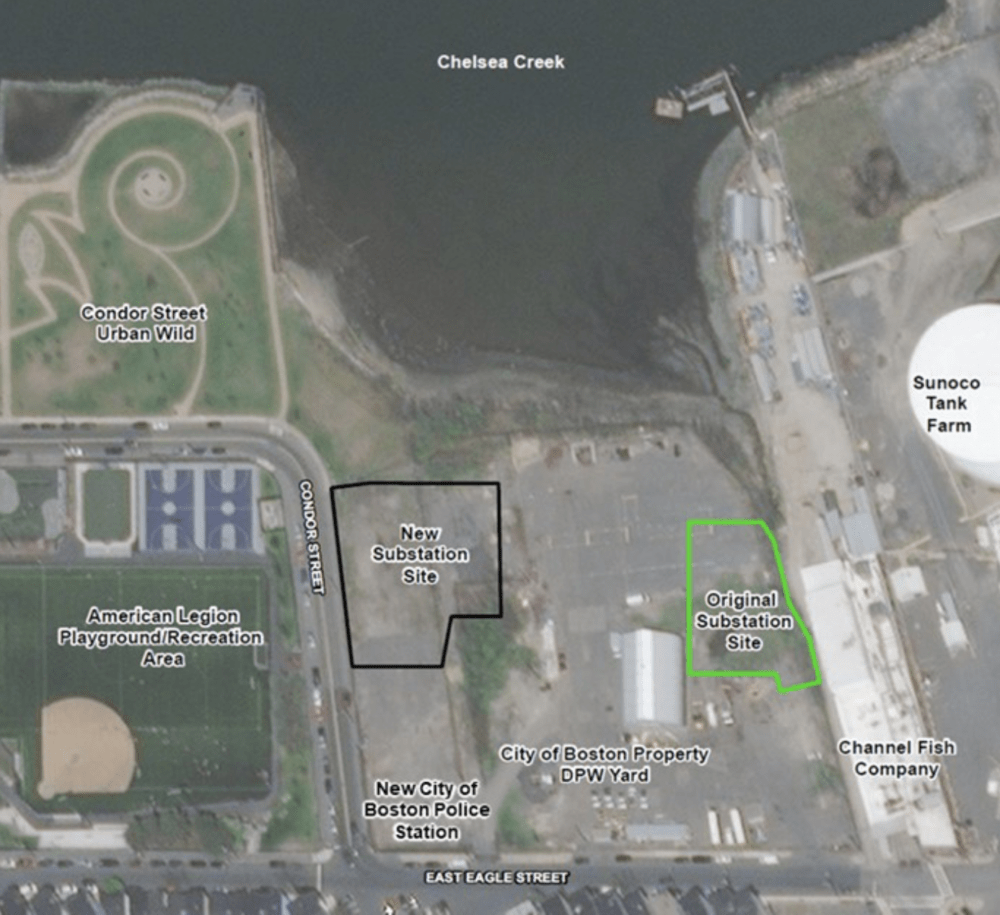 Map showing original and new locations for the proposed substation. (Courtesy Energy Facilities Siting Board).