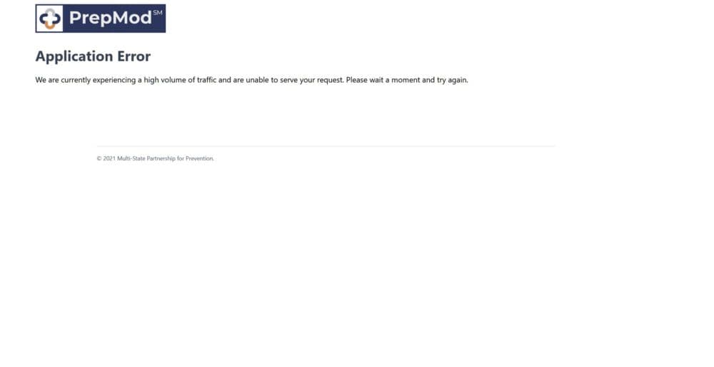 An error message from MAImmunizations.org, the site that runs the PrepMod software and manages COVID-19 vaccinations at state-sponsored sites.