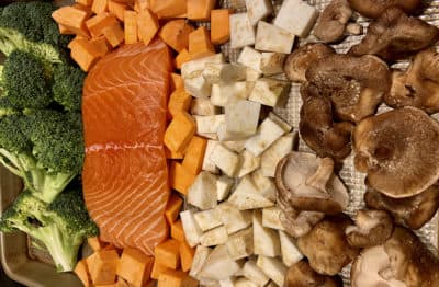 Soy-Honey-Ginger Salmon Sheet Pan With Broccoli, Sweet Potatoes And Mushrooms. (Kathy Gunst)