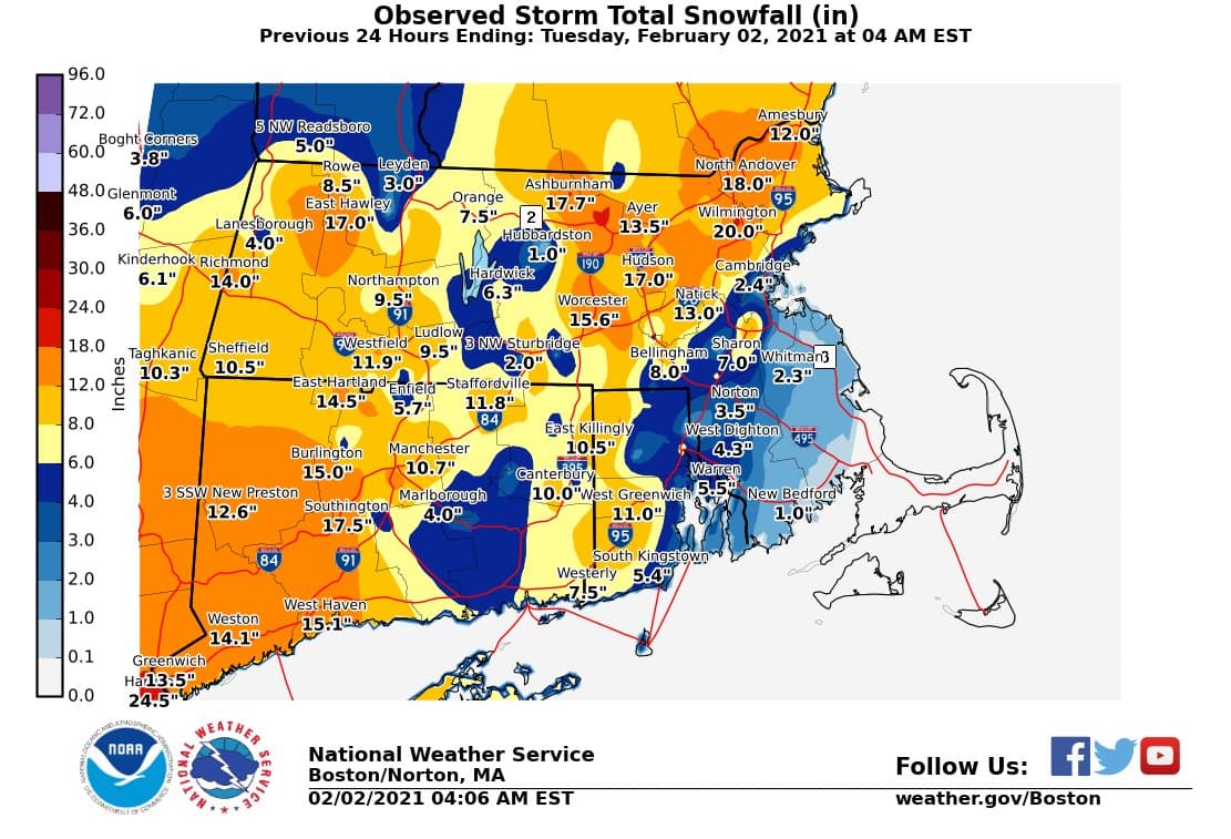 Observed snow totals from the National Weather Service.