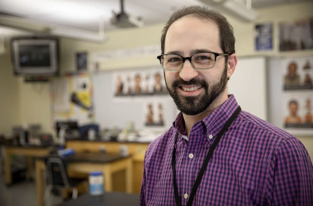 Science teacher Adam Stahl in his classroom at Lynnfield Middle School. (Robin Lubbock/WBUR)