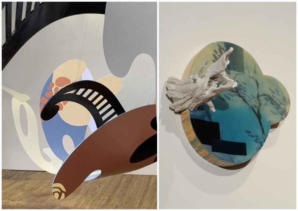 Left: Adria Arch, "Murmurations." Right: Christopher Frost, "non-pastoral." (Courtesy Boston Sculptors Gallery)