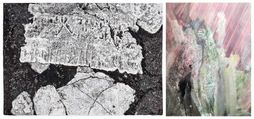Left: Lesley Cohen, "What If...?" 2019. Right: Elizabeth Strasser, "Possible Departure,” 2020. (Courtesy Bromfield Gallery)