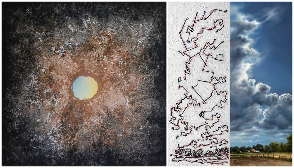 Left: Ponnapa Prakkamakul, "Planet 3." Right: Steve Sanapore, "Collapse: Of the Environment #4." (Courtesy Fountain Street Gallery)