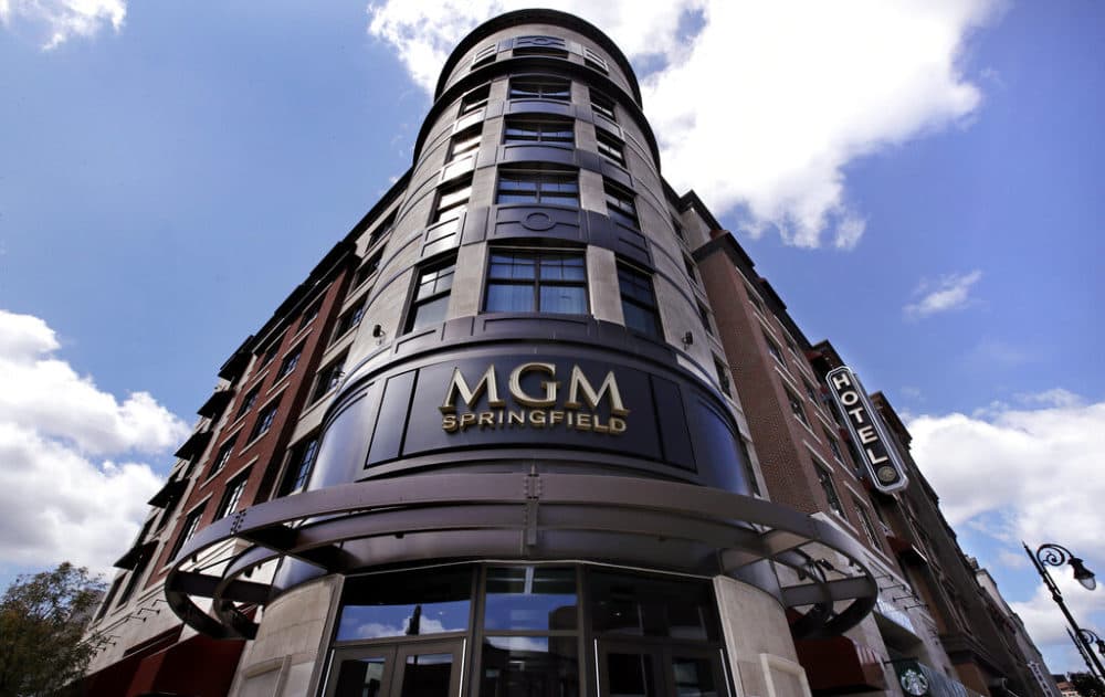 In this Aug. 15, 2018 file photo the MGM Springfield casino's logo decorates the front facade on Main Street in Springfield, Mass. (Charles Krupa/AP File)