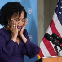 Former Boston City Council President Kim Janey, 55, composes herself as she begins to speak after being sworn in as Boston's new mayor at City Hall, Wednesday, March 24, 2021, in Boston. (Elise Amendola/AP)