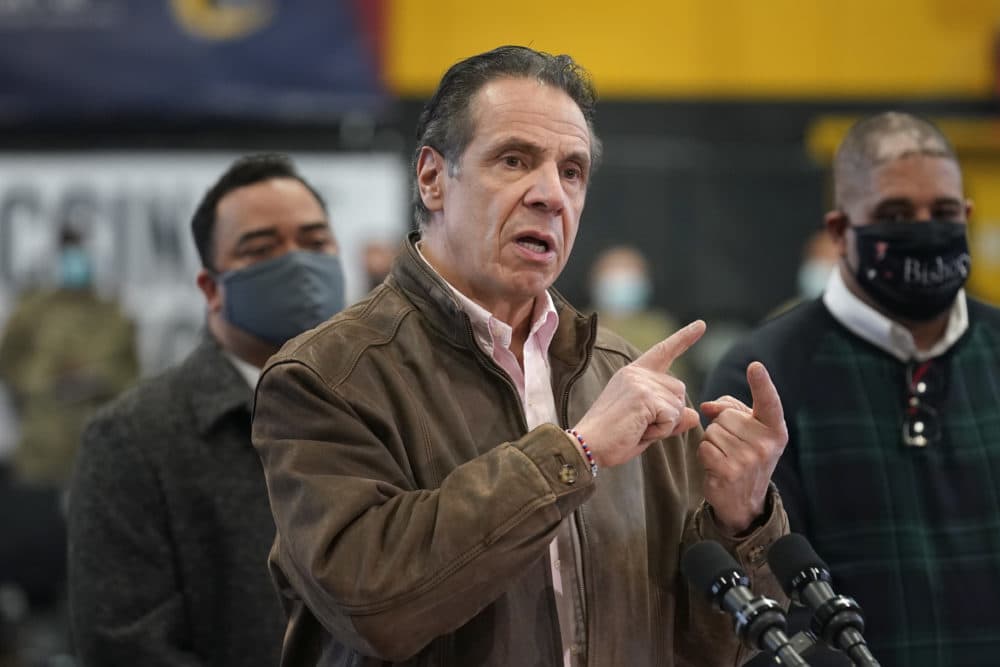 New York Governor Andrew Cuomo speaks during a news conference at a vaccination site in the Brooklyn borough of New York, on February 22, 2021. (Photo by SETH WENIG/POOL/AFP via Getty Images)