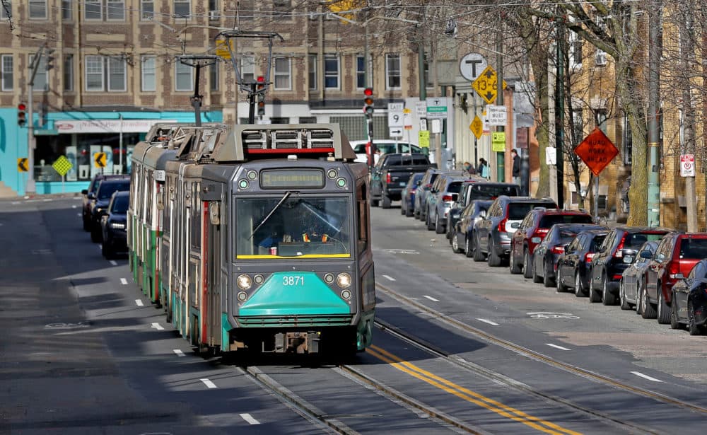 The Green Line train makes its way up South Huntington Avenue to the Heath Street MBTA station on Dec. 7, 2020 in Boston. (Matt Stone/ MediaNews Group/Boston Herald)