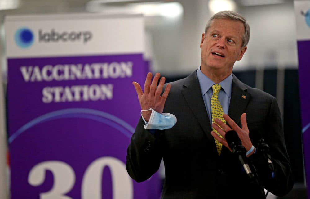 Gov. Charlie Baker speaks at a mass vaccination site at the Natick Mall on Feb. 24, 2021. (Matt Stone/MediaNews Group/Boston Herald via Getty Images)