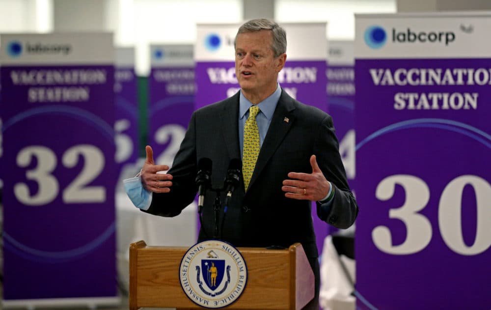 Gov. Charlie Baker speaks at a mass vaccination site at the Natick Mall on Feb. 24, 2021 in Natick, Massachusetts. (Matt Stone/MediaNews Group/Boston Herald via Getty Images)