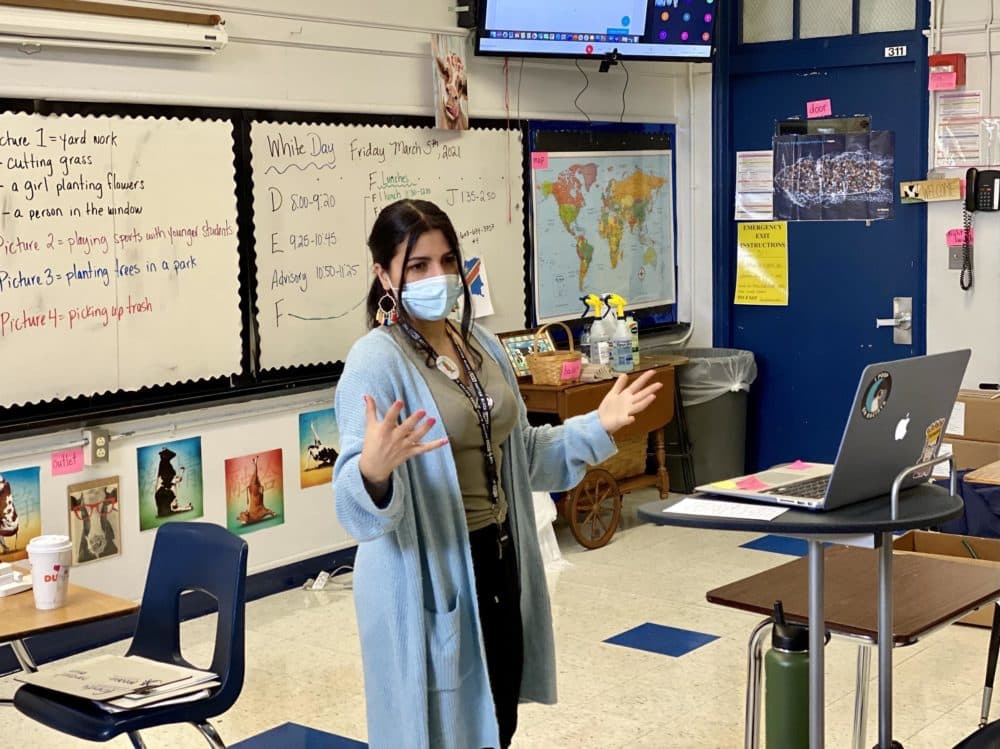 Angeline Gillispie is a student teacher in the ELL program at Manchester West High School. (Sarah Gibson/NHPR)