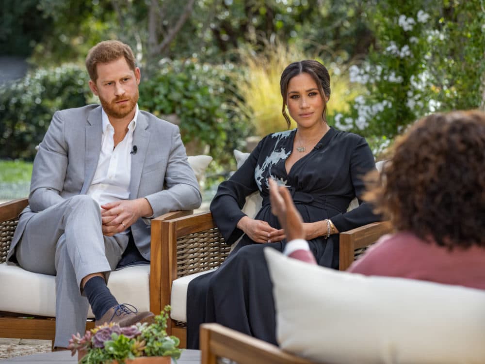 Oprah Winfrey interviews Prince Harry and Meghan Markle on A CBS Primetime Special premiering on CBS on March 7, 2021. (Photo by Harpo Productions/Joe Pugliese via Getty Images)