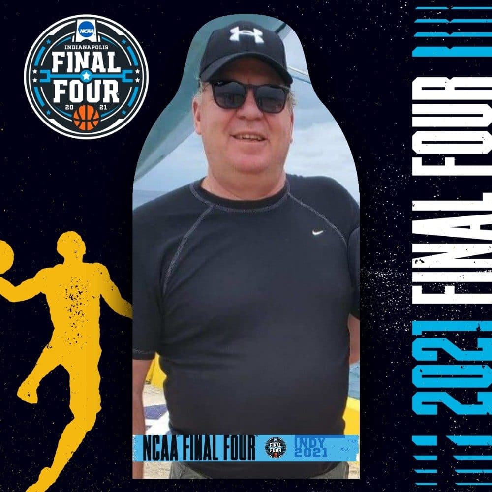 Cut out of Dan Boucher. Starting with the 2009 Final Four in Detroit, Dan Boucher and his son Zach Boucher have attended every single Final Four for the past 11 years together, up until last year's tournament was canceled. Dan Boucher died from COVID-19 in Feb. 2021. (Courtesy of Perk Social)