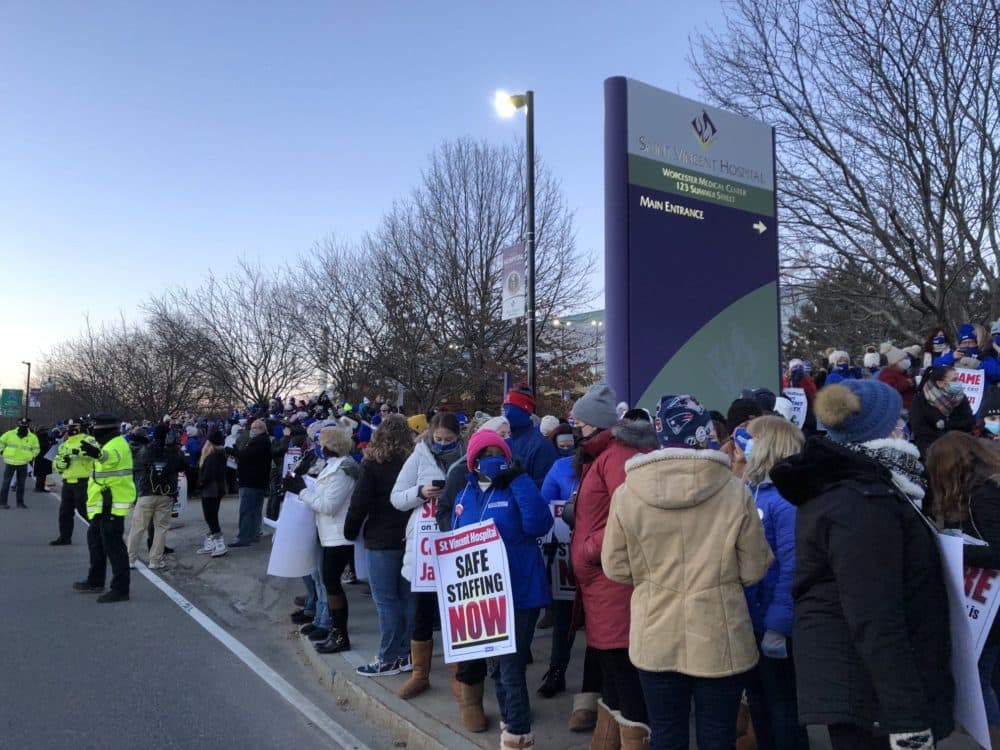 Nurses outside St. Vincent Hospital in Worcester, gathering to strike. (Lynn Jolicoeur/WBUR)