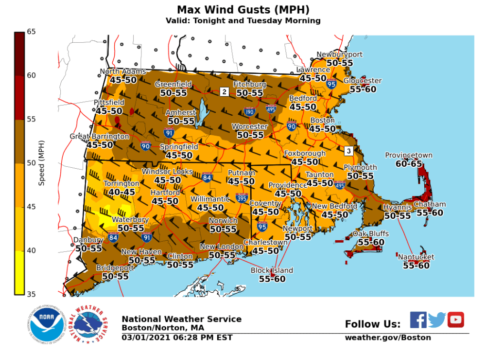 The wind gust forecast for Massachusetts on Monday night into Tuesday morning included widespread gusts 45 to 55 mph, with a few 60 mph gusts over higher terrain and outer Cape/Islands. (Courtesy National Weather Service Boston)