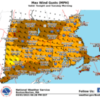 The wind gust forecast for Massachusetts on Monday night into Tuesday morning included widespread gusts 45 to 55 mph, with a few 60 mph gusts over higher terrain and outer Cape/Islands. (Courtesy National Weather Service Boston)
