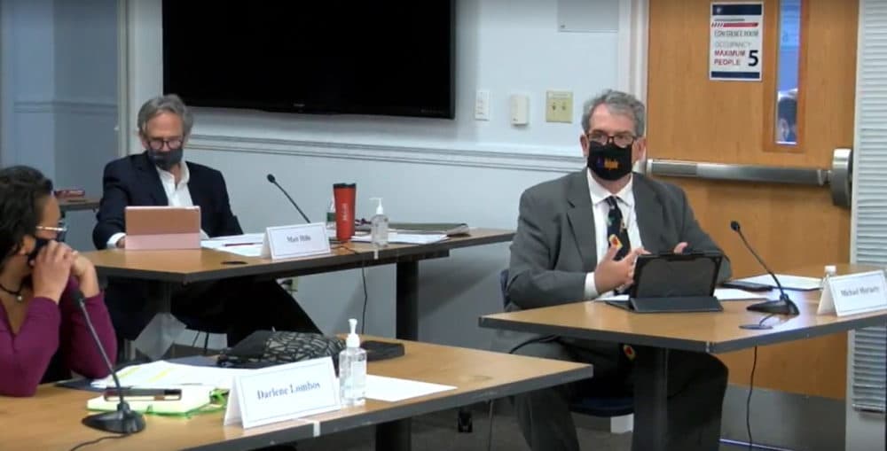 Board of Elementary and Secondary Education member Michael Moriarty of Holyoke speaks during an April 20 meeting. His comments during a discussion of the state's school and district accountability system have prompted some Lawrence officials to call for his removal from the board. (Screenshot via SHNS)