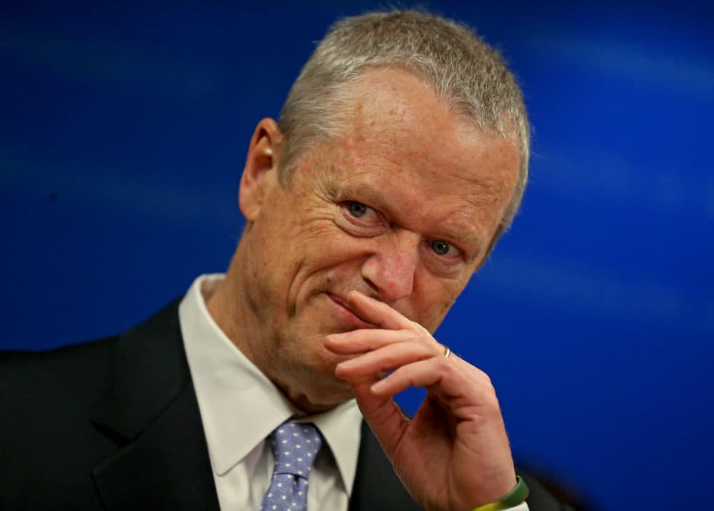 Governor Charlie Baker speaks to the media at the Family Health Center on April 12, 2021 in Worcester, Massachusetts. (Matt Stone/MediaNews Group/Boston Herald)