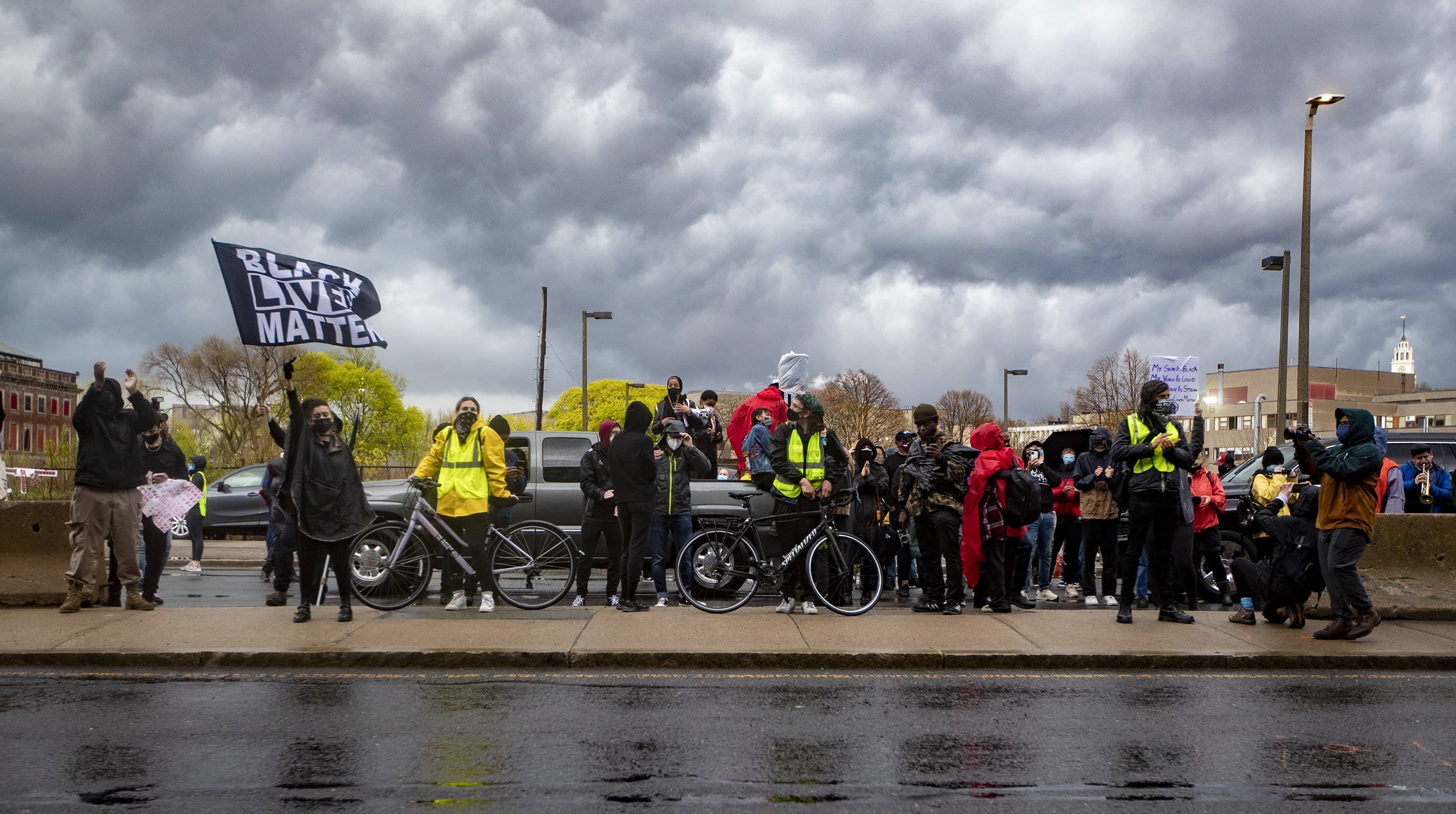 Protesters assembled in front of Boston Police Headquarters on Tremont Street during the Violence for Boston rally. (Jesse Costa/WBUR)
