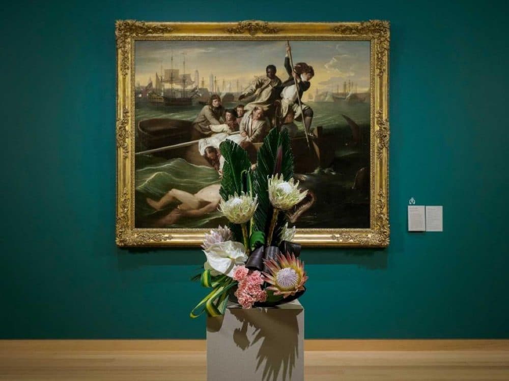 John Singleton Copley's "Watson and the Shark" (1778) with flowers as part of a previous Art in Bloom event. (Courtesy Museum of Fine Arts Boston)