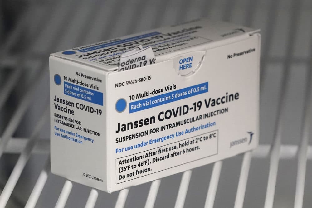 In this March 25, 2021 file photo, a box of the Johnson & Johnson COVID-19 vaccine is shown in a refrigerator at a clinic in Washington state. (Ted S. Warren/AP)