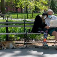 A couple wearing masks sits together reading the newspaper in New York City. (Alexi Rosenfeld/Getty Images)