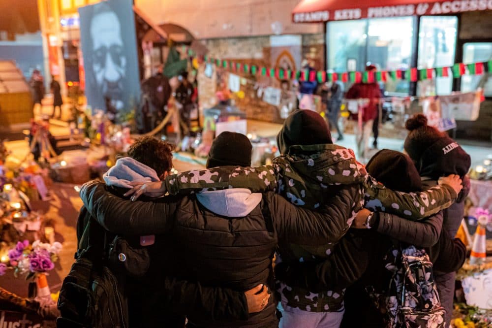 Mourners gather for a vigil for George Floyd following the verdict in the Derek Chauvin trial on April 20, 2021 in Minneapolis, Minnesota. (Nathan Howard/Getty Images)