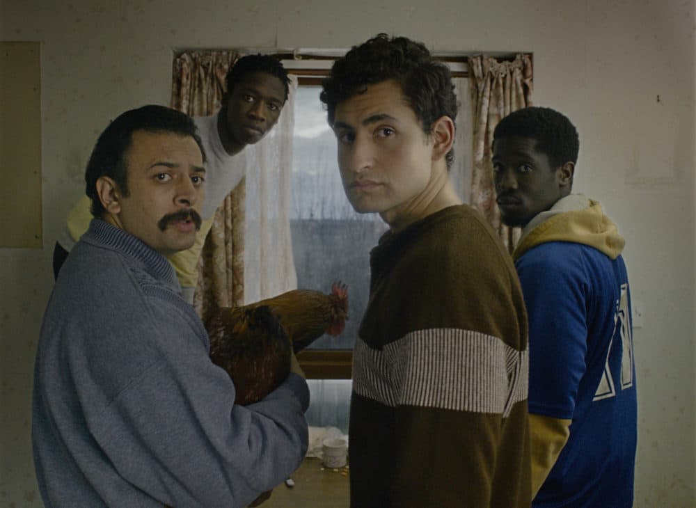 Left to right: Vikash Bhai as Farhad, Kwabena Ansah as Abedi, Amir El-Masry as Omar and Ola Orebiyi as Wasef in "Limbo." (Courtesy Focus Features)