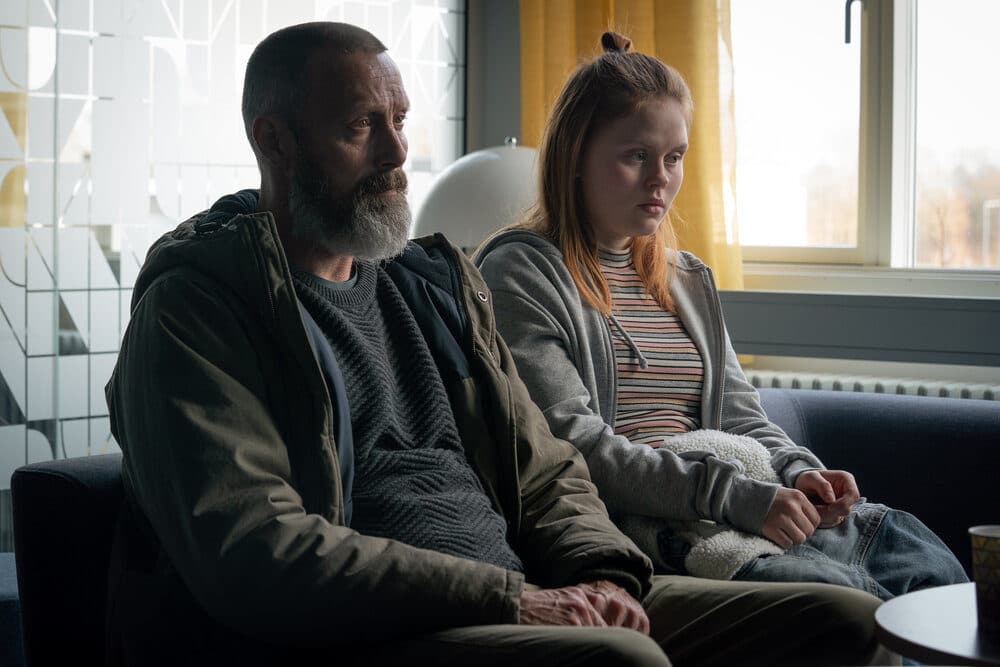 Mads Mikkelsen (left) and Andrea Heick Gadeberg (right) in "Riders of Justice. (Courtesy Rolf Konow/Magnet Releasing)