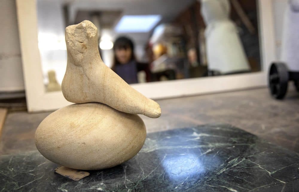 "Still Walking" by sculptor Nora Valdez in her studio at Humphreys Street Studios in Dorchester, Mass. (Robin Lubbock/WBUR)