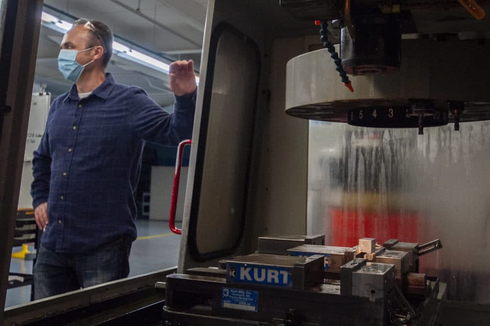 Inside a computer numerical control (CNC) machine at Symbol Training Institute in Skokie, Illinois. (Chris Bentley/Here & Now)