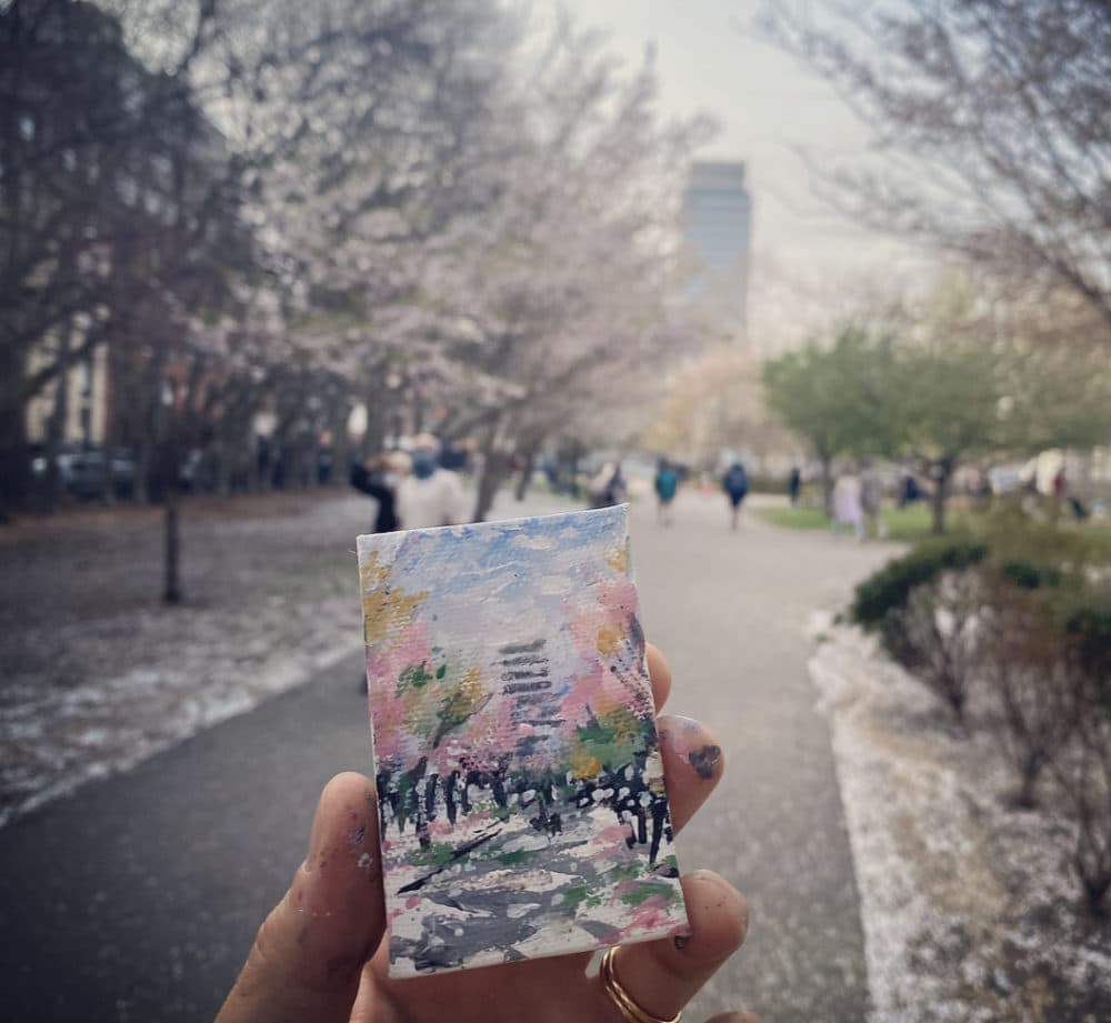 One of Steve Wasterval's mini paintings hidden at Williamsburg McCarren Park Greenmarket. (Courtesy of Steve Wasterval)
