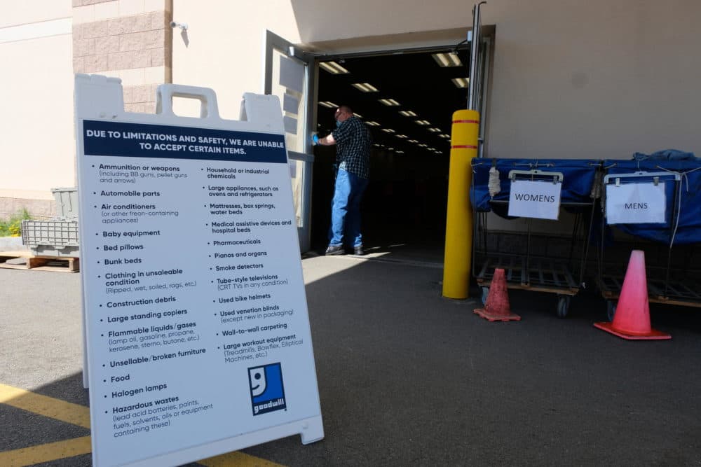 A sign detailing what is and isn't accepted for donation at Goodwill. (Todd Bookman/NHPR)
