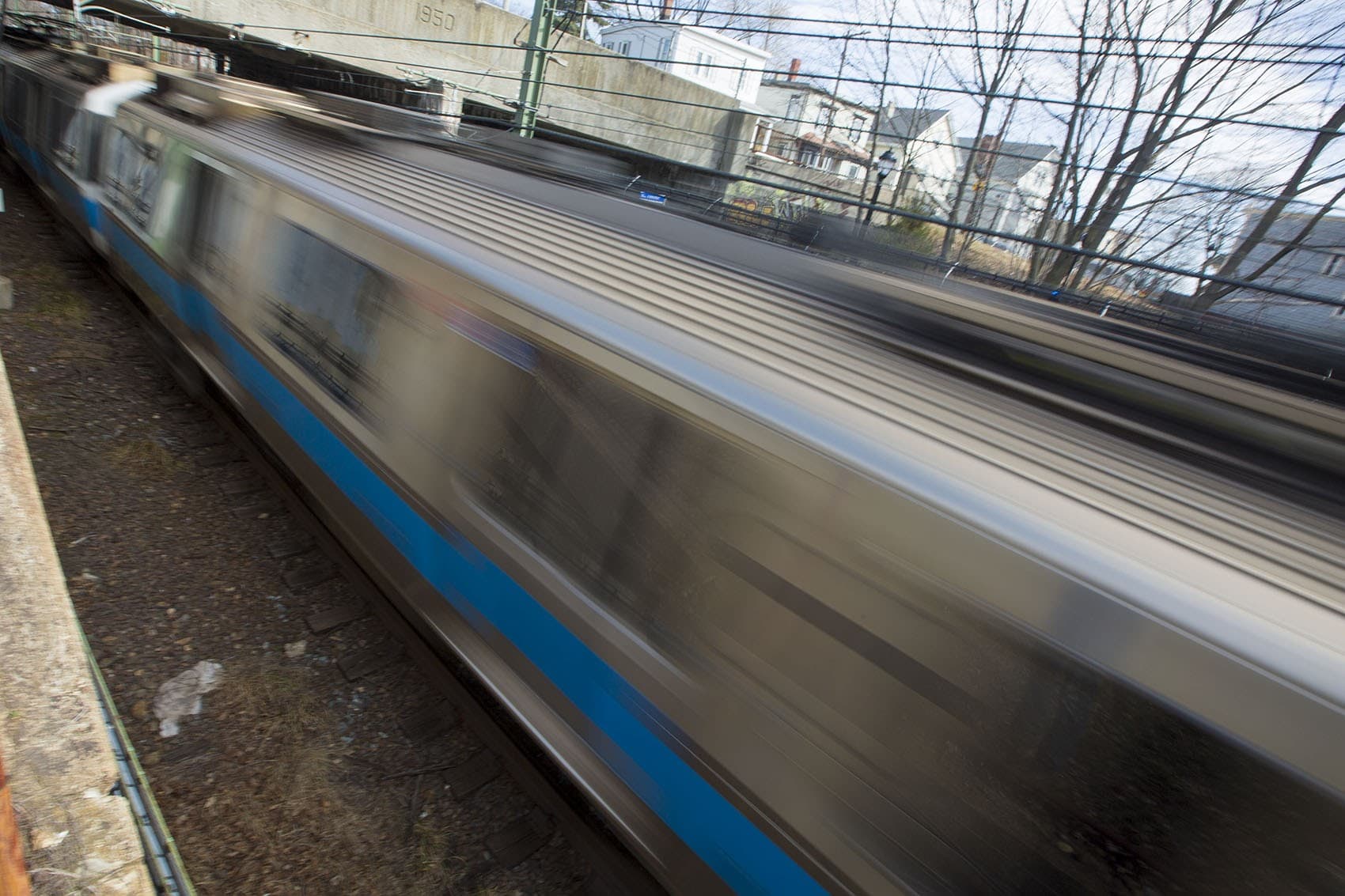 An inbound MBTA Blue Line train on it's way to Wood Island Station in East Boston. (Jesse Costa/WBUR)