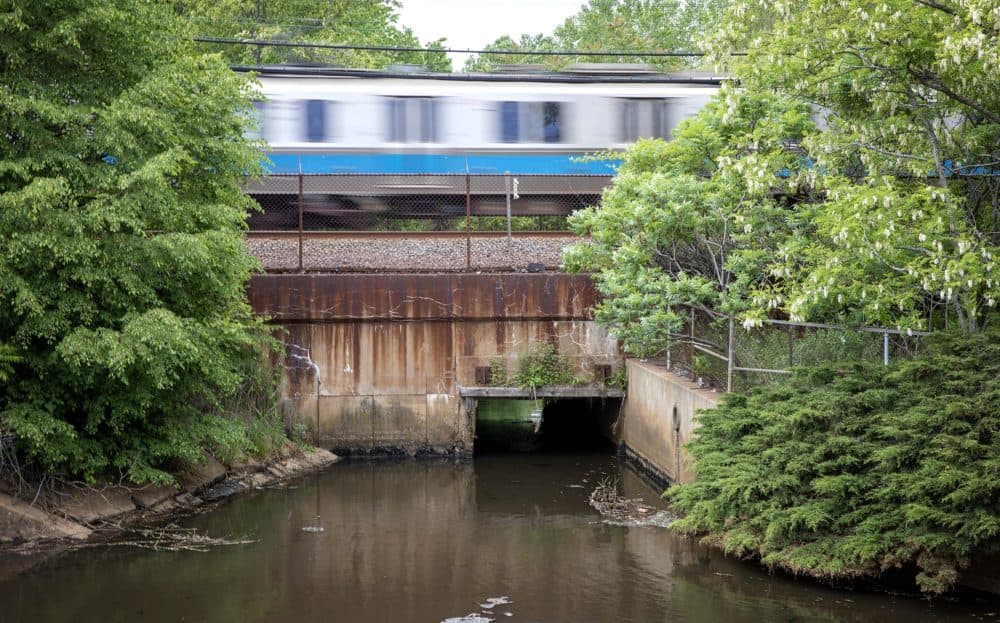 A Blue Line train passes over a culvert next to DCR Bennington Street Pumping Station.  Suffolk Downs water flows through the culvert into this pond.  The water flowing in the opposite direction, from the marsh of Belle Isle, is blocked by tidal valves.  (Robin Lubbock / WBUR)