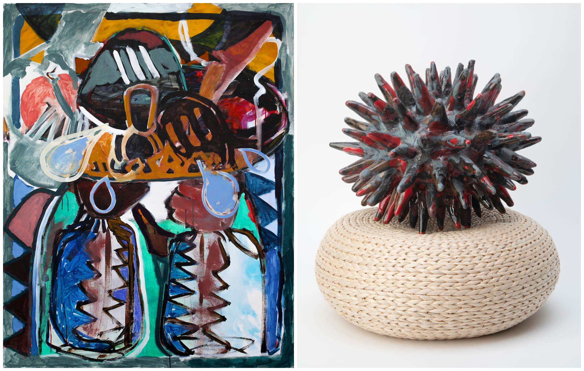 Left: Demetri Espinosa, "Catharsis," 2020. Right: Anina Major, "Red Tip Loci," 2018. (Courtesy LaiSun Keane)