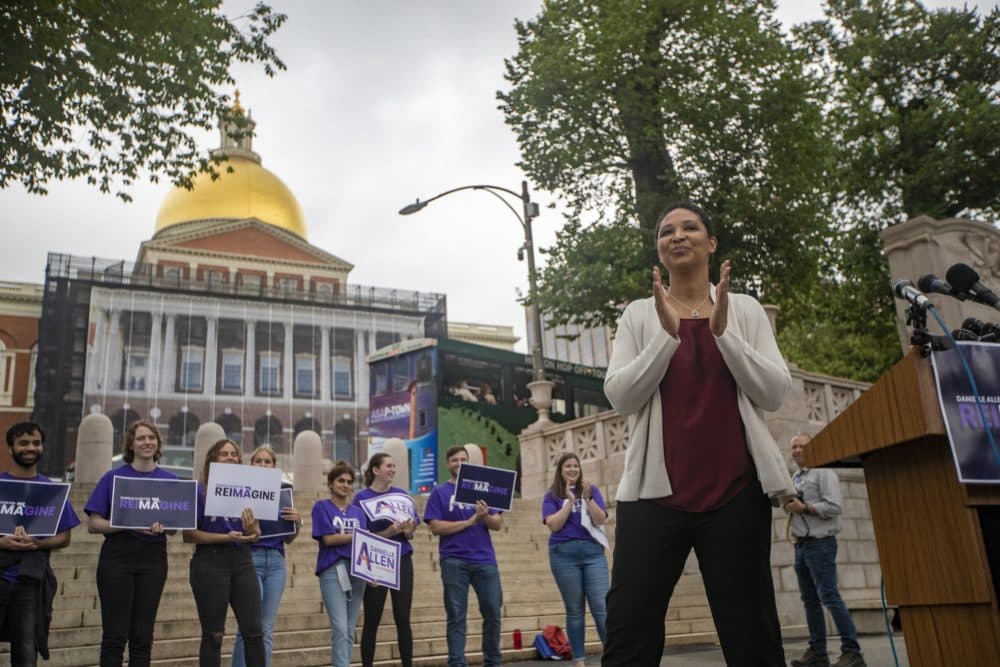Danielle Allen announces her candidacy to run for governor of Massachusetts on the Boston Common in front of the State House on Tuesday. (Jesse Costa/WBUR)
