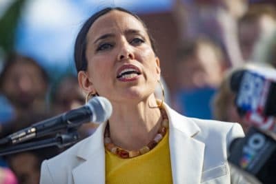 Sonia Chang-Diaz announces her candidacy for Governor at a campaign event at Boston English High School in Jamaica Plain. (Jesse Costa/WBUR)