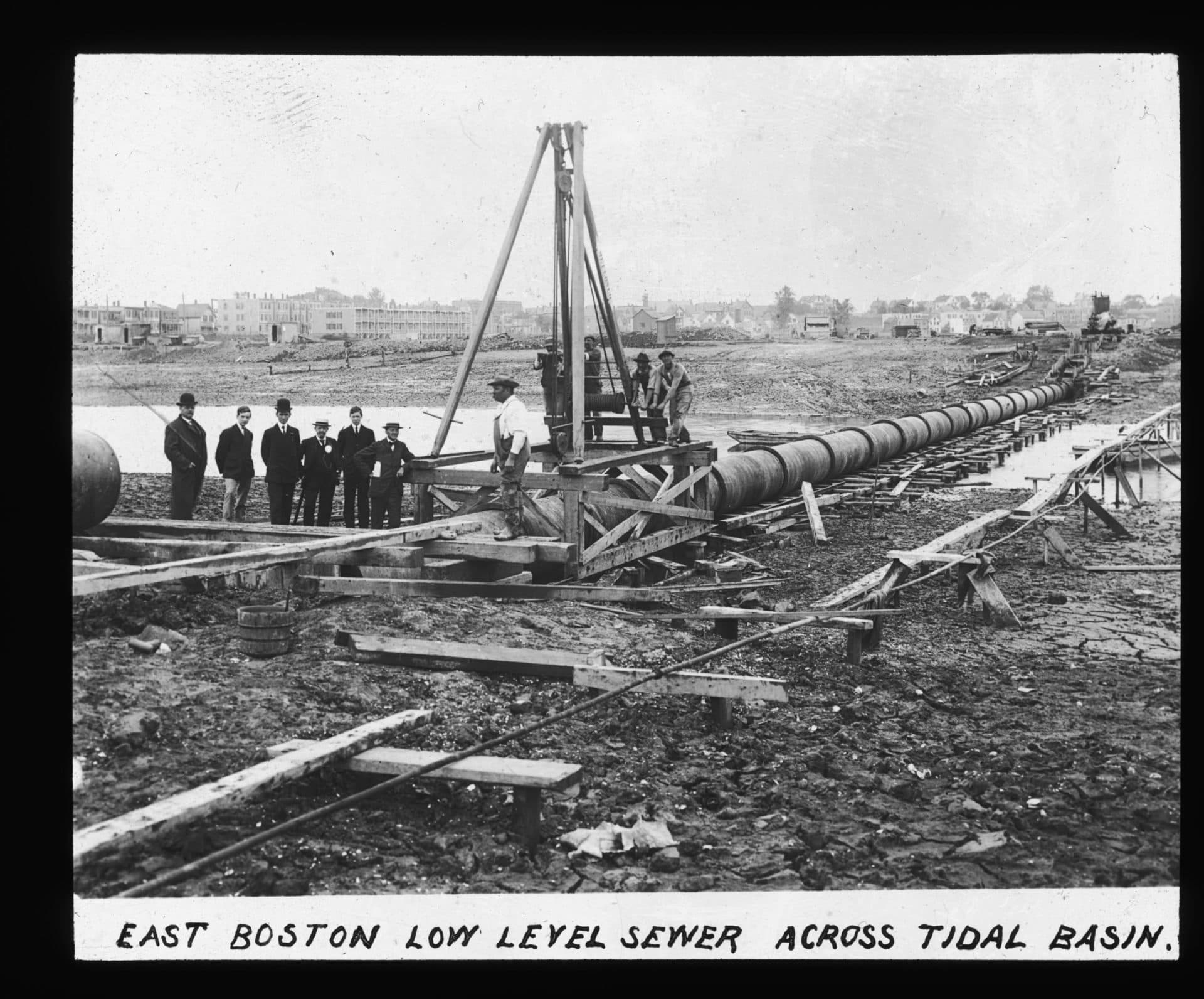 Workers construct a sewer pipe in East Boston (Courtesy Boston Water and Sewer Commission)