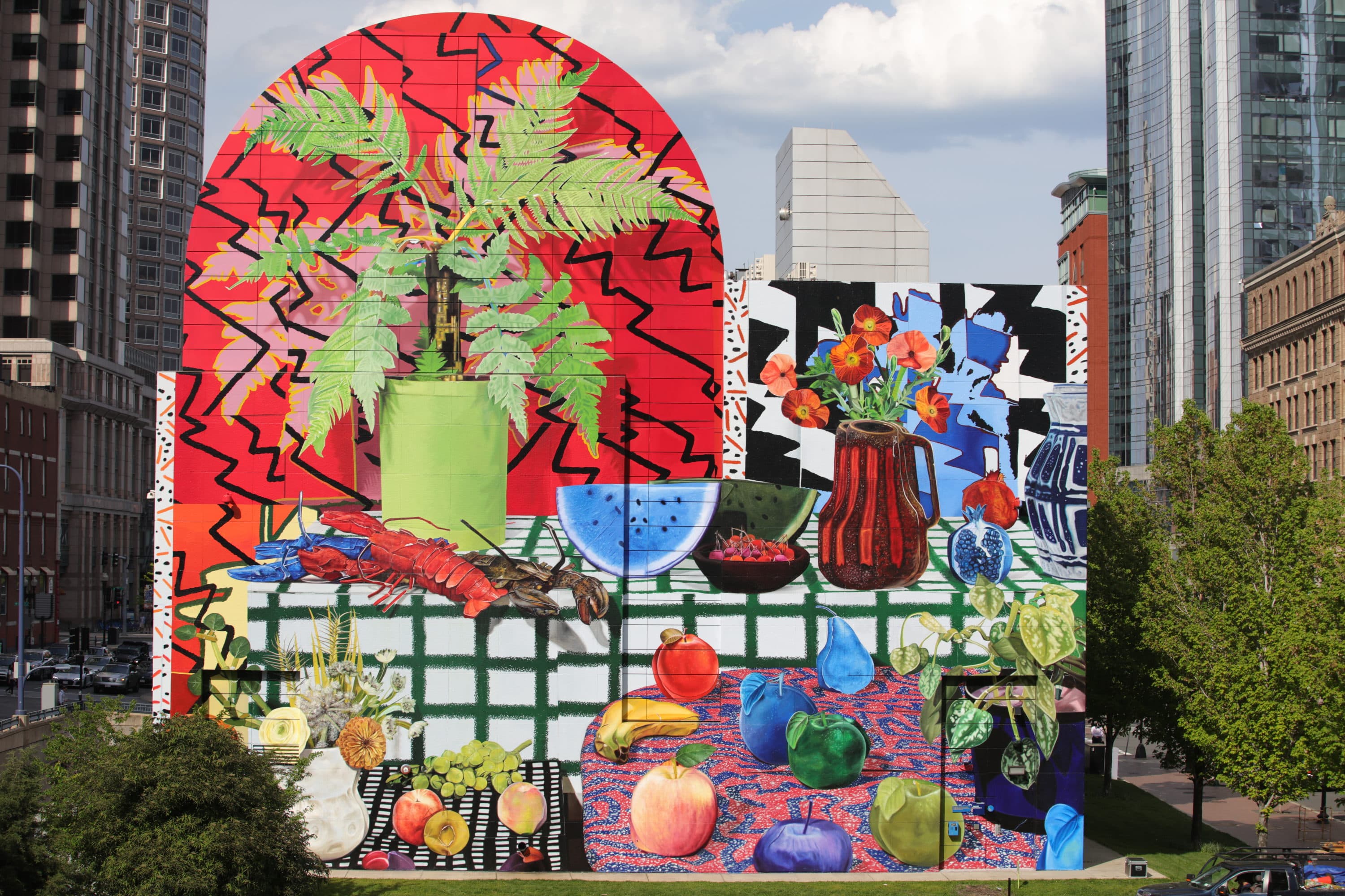 Daniel Gordon's new mural "Summer Still Life with Lobsters and Fern" brings vibrancy to Dewey Square along the Greenway. (Courtesy Haybe Todd)