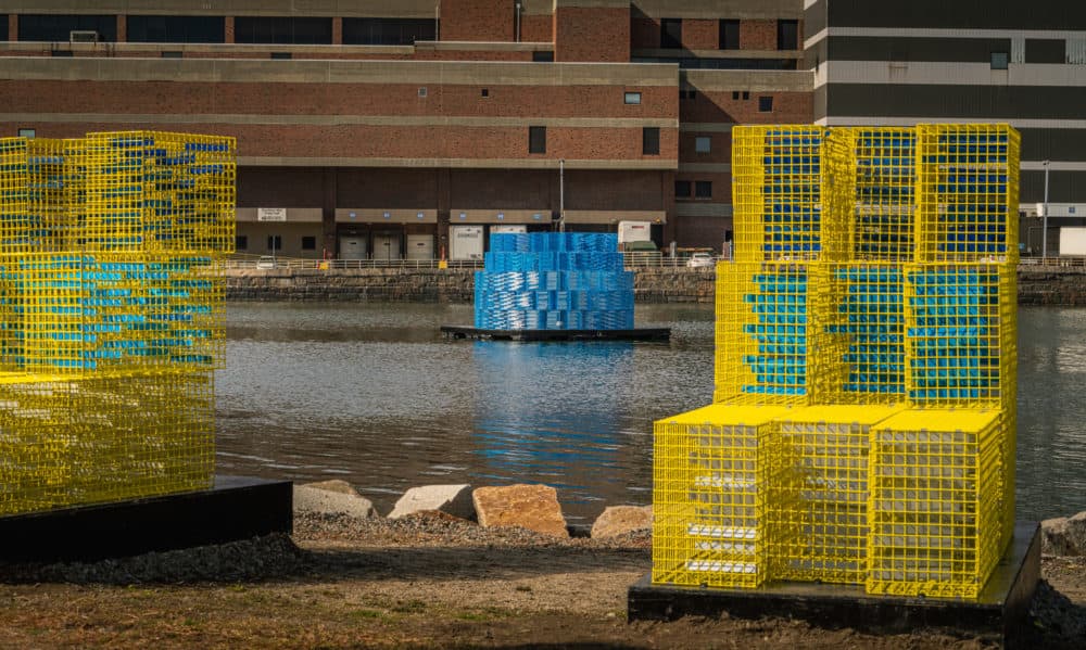 "FutureSHORELINES," an art installation by Carolina Aragón along Fort Point Channel, imagines how high the water will rise in coming decades. (Courtesy Matt Conti)