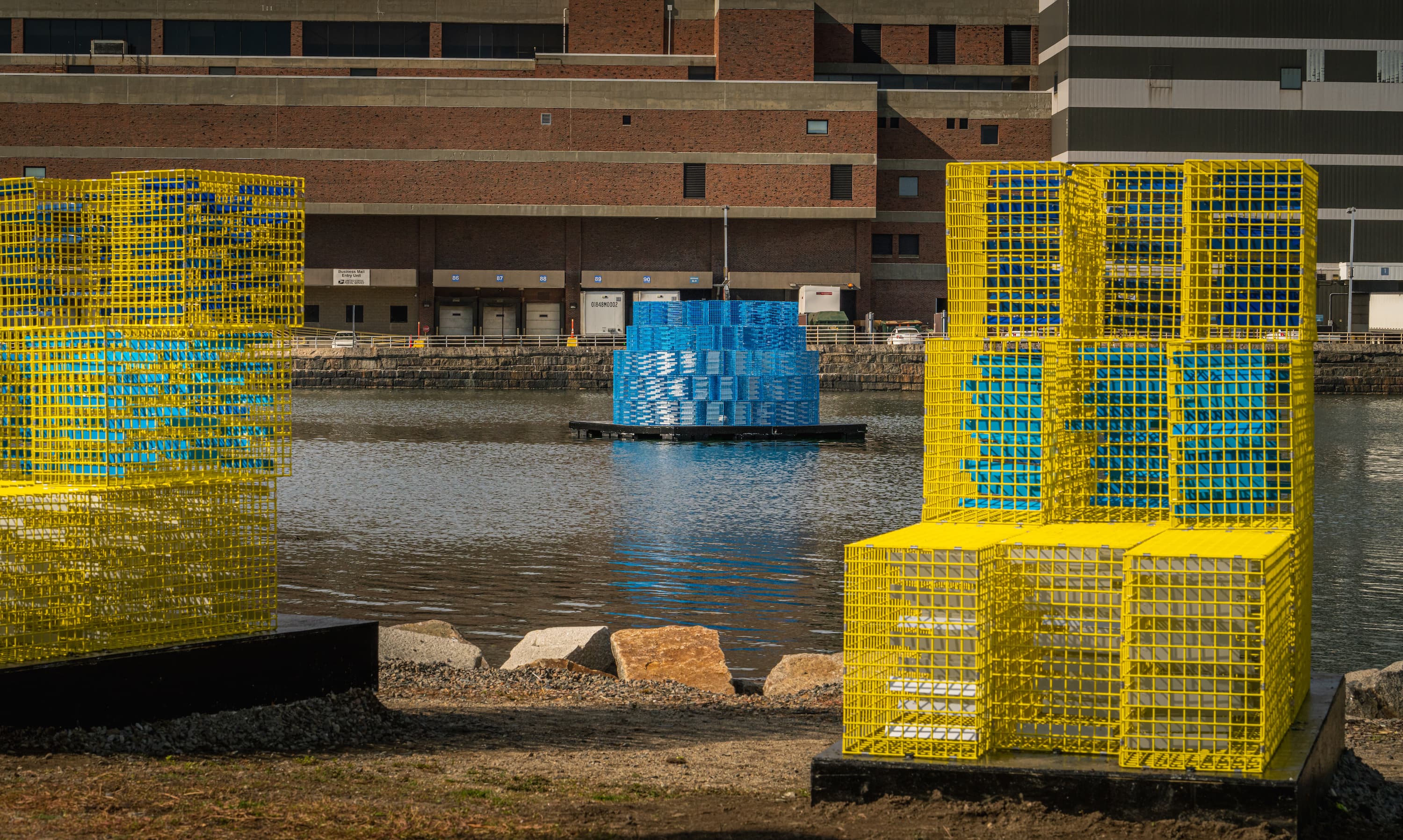 "FutureSHORELINE," an art installation by Carolina Aragón along Fort Point Channel, imagines how high the water will rise in coming decades. (Courtesy Matt Conti)