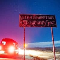 A converted Sprinter campervan is seen next to the Extraterrestrial Highway sign at the junction of state Routes 138 and 375 on January 23, 2021 in Lincoln County, Nevada. (Josh Brasted/Getty Images)