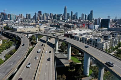 In an aerial view, cars drive along Interstate 280 on June 11, 2021 in San Francisco, California. (Justin Sullivan/Getty Images)