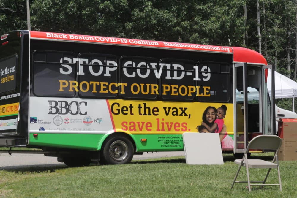 A mobile COVID-19 vaccination site, part of the "Taking It To The Streets" initiative by the Black Boston COVID-19 Coalition. (Quincy Walters/WBUR)