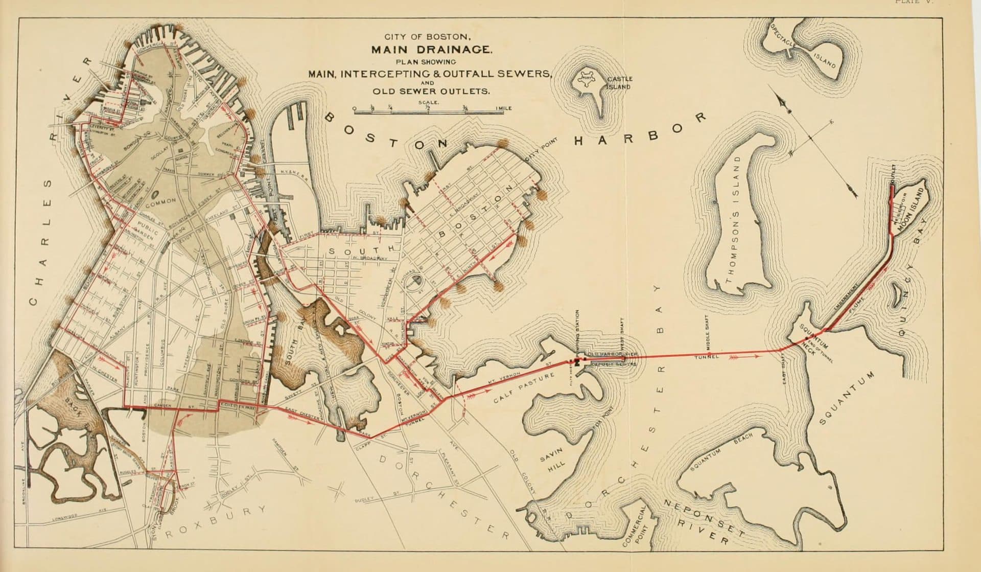 This map shows Boston's Main Drainage System and some of the original intercepting sewer lines. (Courtesy Leventhal Map & Education Center at the Boston Public Library)