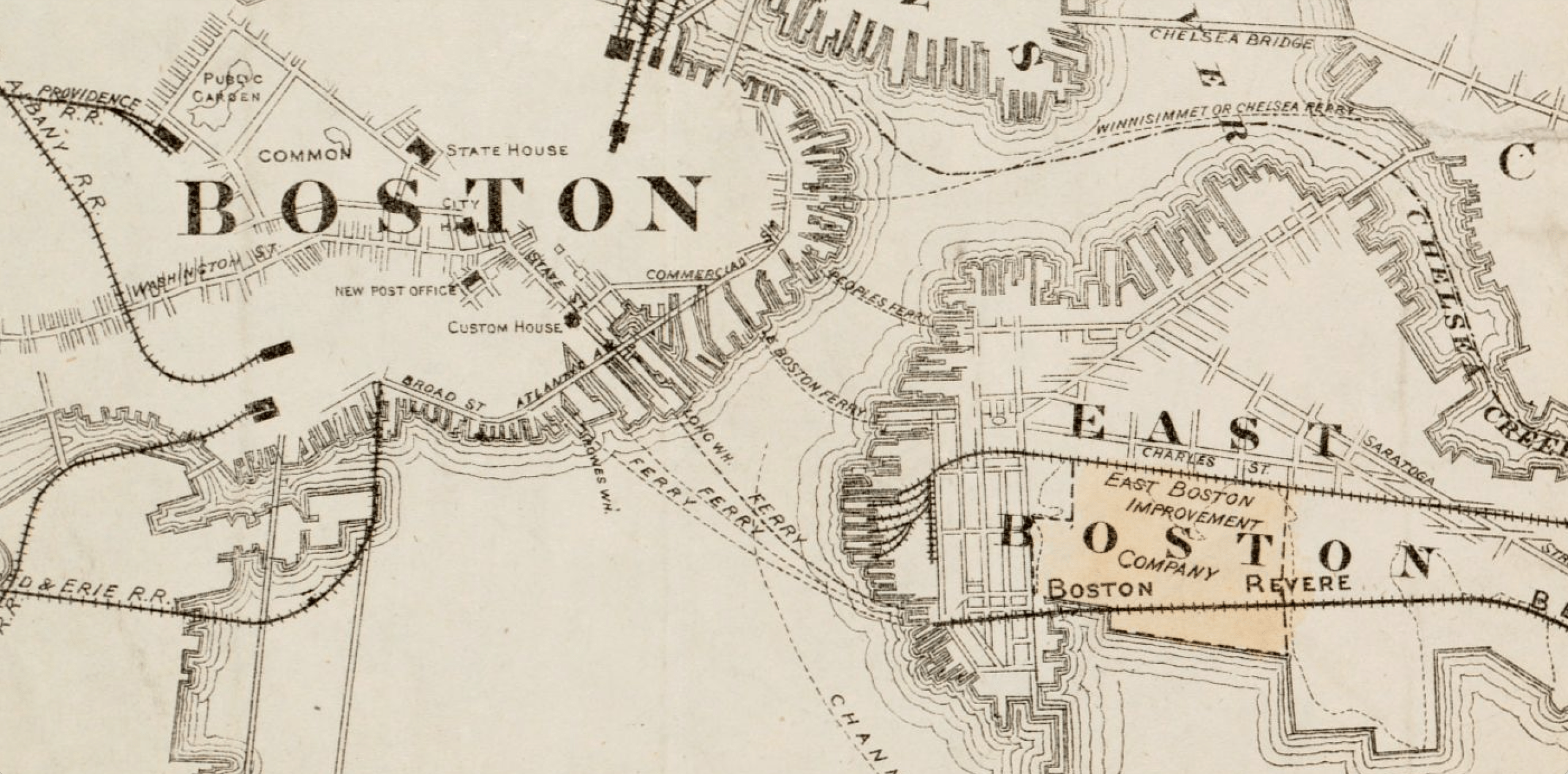 Ferry lines are indicated on the "Plan of estate of the Boston Land Co. and surroundings" map, drawn believed to have been drawn between 1880 and 1889. (Courtesy Boston Public Library, Norman B. Leventhal Map Center)