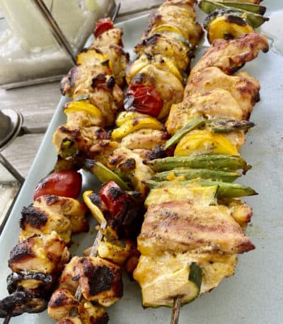 Indian-Spiced Chicken Skewers. (Kathy Gunst)