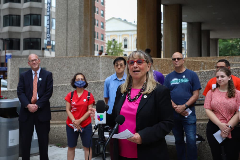 Senate President Karen Spilka speaks during a press conference hosted by Raise Up Massachusetts celebrating the start of paid caregiving leave benefits. (Chris Van Buskirk/SHNS)