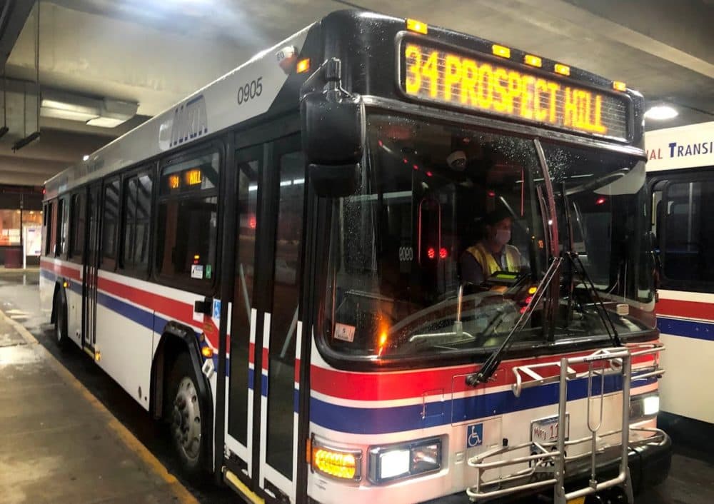 A 34 bus at the Buckley Transportation Center in Lawrence. (Bruce Gellerman/WBUR)